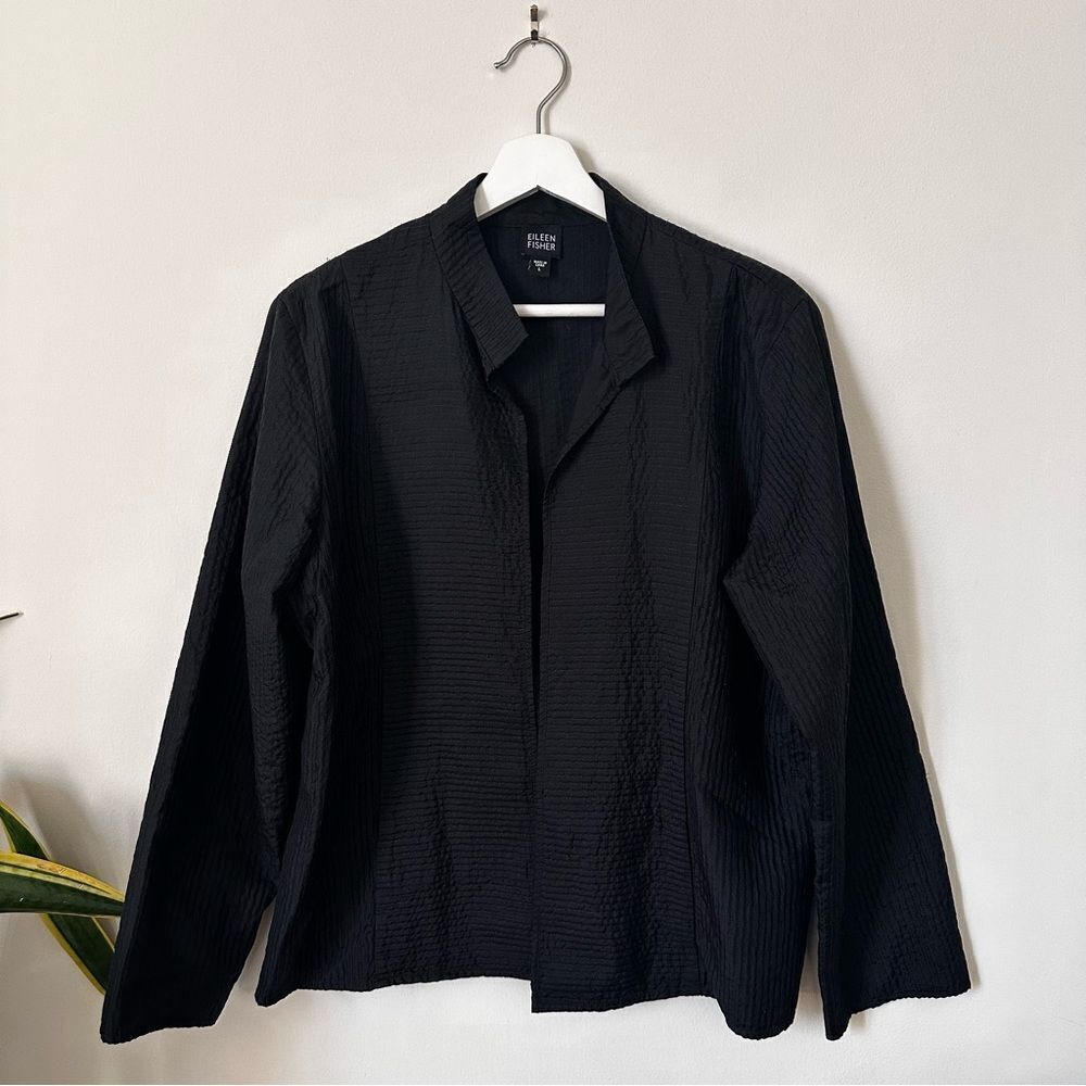 Eileen Fisher Silk Blazer Black Open Front Jacket Size Large